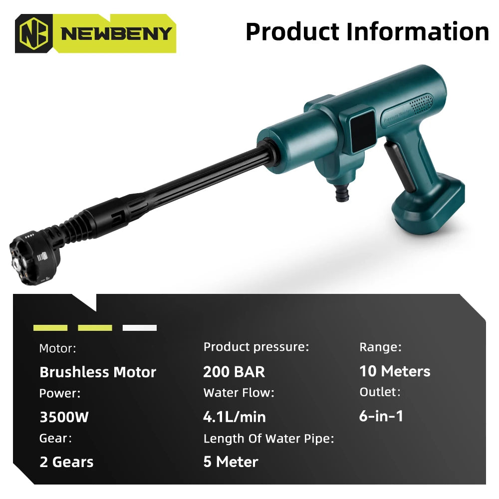 6-in-1 Cordless Pressure Washer Gun – 200 Bar High Pressure, Compatible with Makita Battery